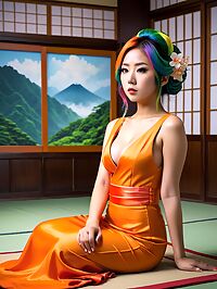 A geisha looking 28 year old Malaysian woman in an orange wedding dress on a TV news set