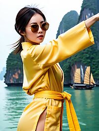 Asian woman with a bobbed hairdo stands in Ha Long Bay wearing karate robes
