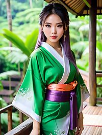 Petite Vietnamese girl in Kimono wears purple pants around her waist in Ubud