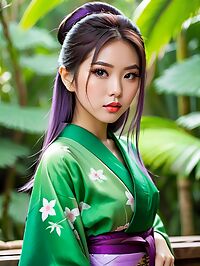 Petite Vietnamese girl in Kimono wears purple pants around her waist in Ubud