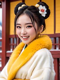 A young Mongolian woman 20 years old stands out in her bright yellow fur coat