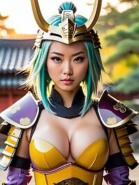 A tanned Asian woman 29 in yellow armor sword in hand poses sensually under sunset in park