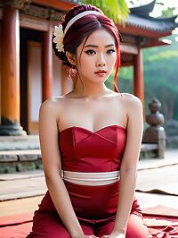 Cambodian woman in red wedding dress dances joyfully at a Japanese themed parade