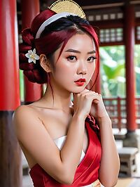 Cambodian woman in red wedding dress dances joyfully at a Japanese themed parade