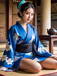 Adult Asian girl in blue Kimono with thong at Borobudur Java