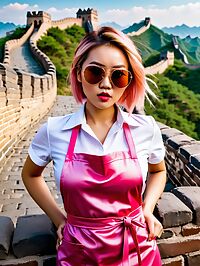 Mongolian girl with big breasts and a nice perky butt stands on the Great Wall of China