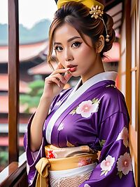 A petite fair skinned Nepalese girl in a purple kimono and fishnets poses sexily