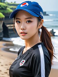 The brunette volleyball player stands out in her black uniform near the ocean at Tanah Lot