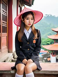 A petite Nepalese girl in a black school uniform wears a pink sun hat