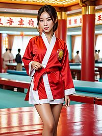 A young Vietnamese woman in red karate robes stands smiling at the casino bar