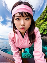 Japanese girl in a pink ninja costume seduces near the Indonesian coral reefs