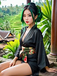 The beautiful Cambodian woman with green hair stands out in the evening streets of Ubud Bali