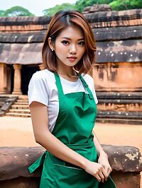 The 26 year old Asian girl wearing a green apron stands amidst ancient Sigiriya ruins in Sri Lanka