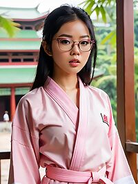 A petite pale skinned Cambodian girl in pink karate robes on the streets of Kuala Lumpur