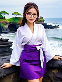 Beautiful Indonesian girl in a Kimono poses at Tanah Lot temple Bali